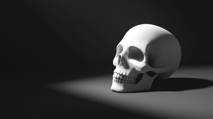 3D illustration of a white clay skull with smooth texture, casting shadows on a dark background for a bold and artistic display.