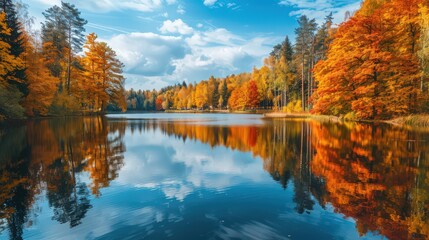 Obraz premium A picturesque view of a lake surrounded by trees in peak fall foliage, with the vibrant autumn colors reflected perfectly on the calm water's surface.