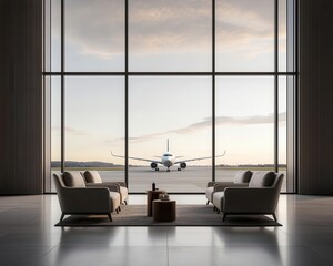 High-end airport gateway with comfortable lounge chairs and a plane visible through floor-to-ceiling windows, high-end airport gateway, luxury travel experience