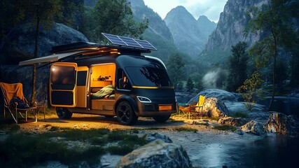 Sleek camper van parked at a scenic campsite by a lake, modern van life setup with solar panels in a serene mountain landscape.