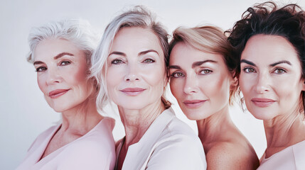 Fototapeta premium Group of elegant middle-aged women standing together in natural light