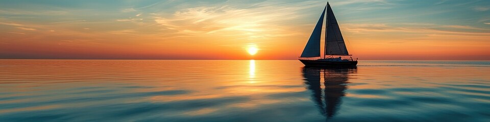 Fototapeta premium Sailboat gliding on calm sea at sunset sky and boats silhouette reflected in water