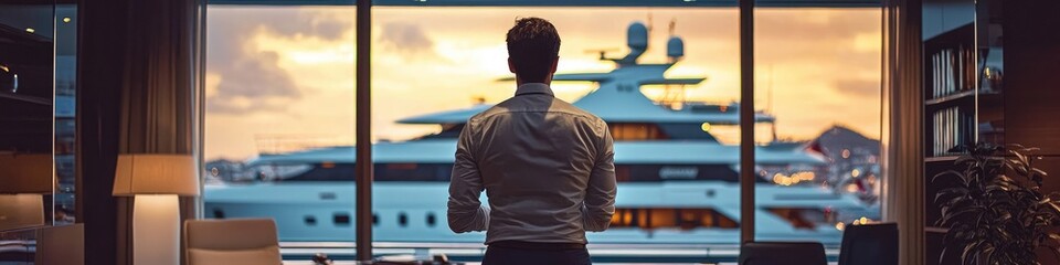 Manager studying yacht details with yacht poster on wall