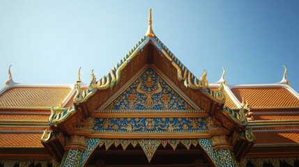 Naklejka premium ornate roof with intricate tile work and golden accents, standing out against a clear blue sky