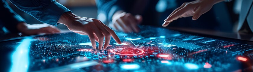 Closeup of hands interacting with a digital interface, showing data visualizations and glowing blue and red lines.