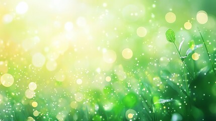 Obraz premium Abstract spring background with soft green blurred bokeh lights, vibrant nature-inspired banner design perfect for seasonal themes, fresh outdoor scenes, and bright, refreshing digital presentations.