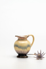 Small ceramic vase and dry flower on white background