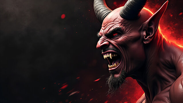 Angry devil profile with copy space for text - black background - yelling, shouting, screaming - god of evil - hell concept art - Leviathan, Astaroth, Mammon, Baal