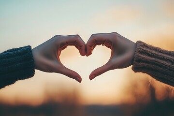 Couple making heart shape with hands at sunset
