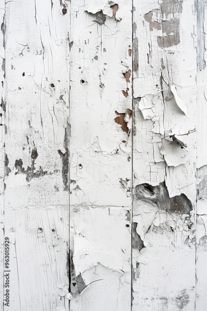 Aufkleber Weathered wooden wall with peeling paint showing wood texture. Close-up view of old, worn-out surface with cracks and holes. Vertical planks with unique patterns add to overall rustic look.