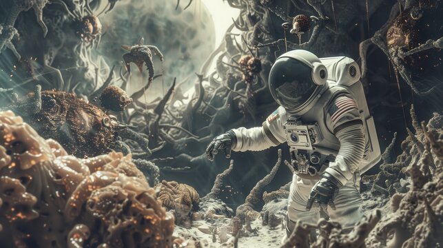 A visual of a spaceman interacting with alien life forms, imagining the possibilities of extraterrestrial encounters during future missions