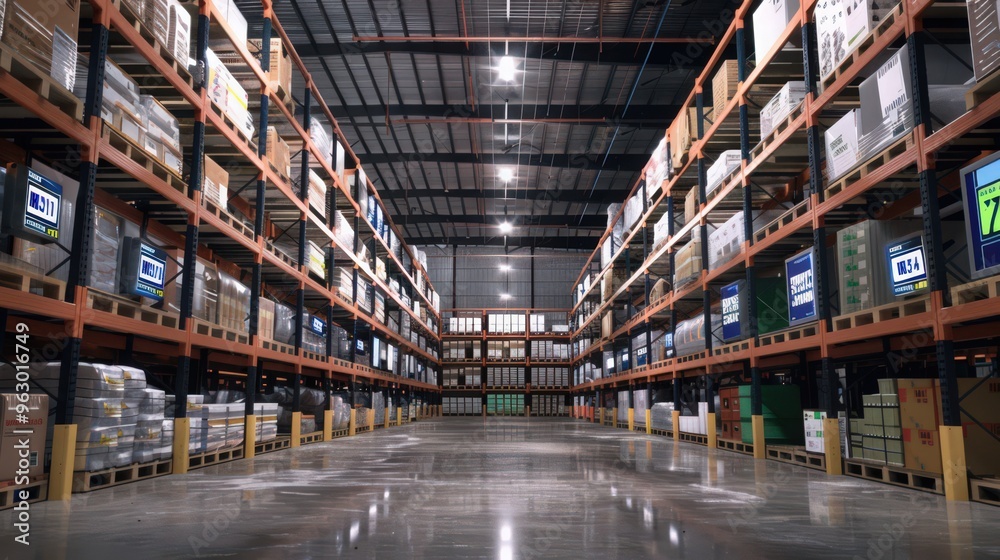 Poster a visual of a warehouse with digital displays and sensors tracking real-time temperature and humidit
