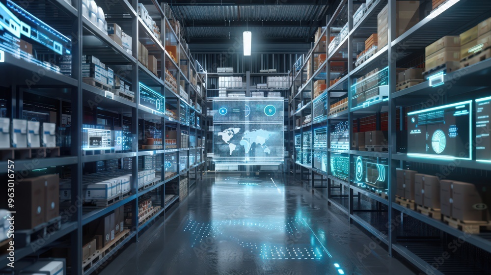 Poster a visual of a warehouse with digital displays and sensors tracking real-time temperature and humidit