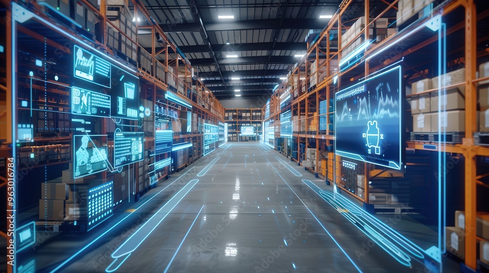 Poster a visual of a warehouse with digital displays and sensors tracking real-time temperature and humidit