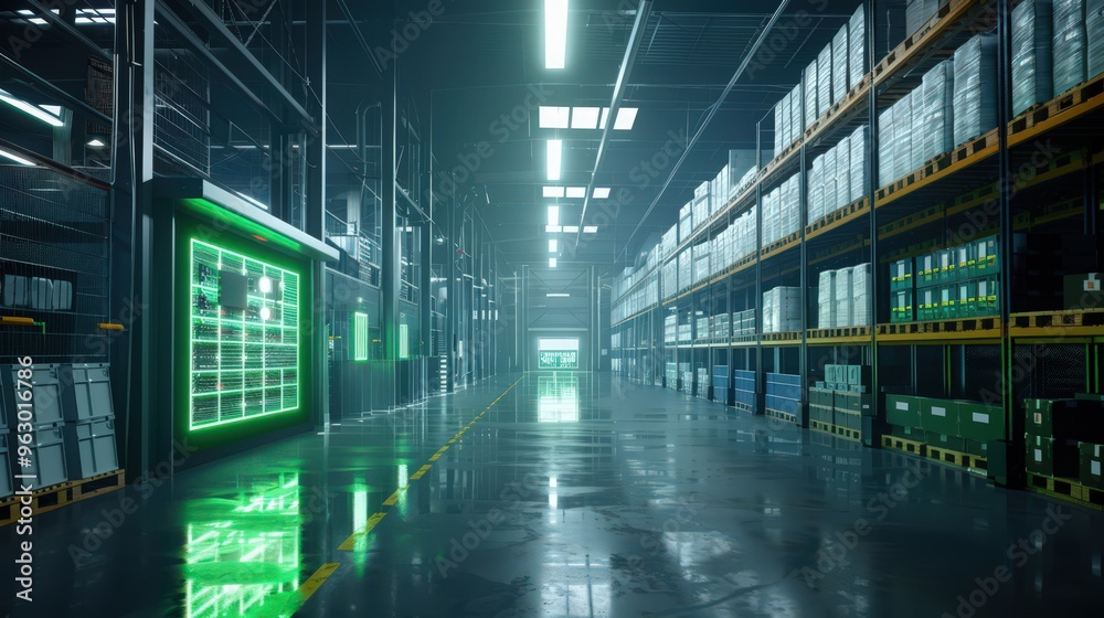Poster a visual of a warehouse with digital displays and sensors tracking real-time temperature and humidit