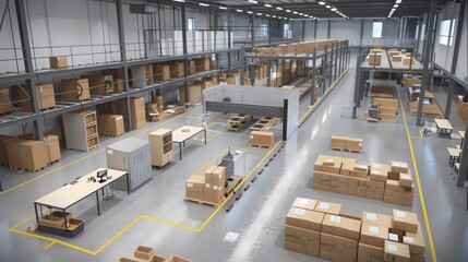 Naklejka premium A visual of a warehouse with ergonomic workstations and equipment designed to enhance worker comfort and productivity