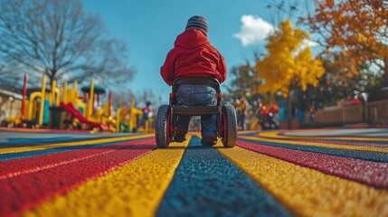 A child riding a toy car on a colorful pathway