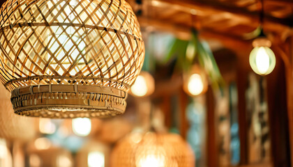 Obraz premium Closeup photo of bright hanging lamp with traditional woven bamboo or rattan wood cover Selective Focus Bokeh Background