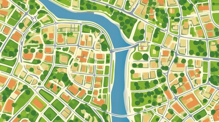Fototapeta premium Detailed vector map of a generic city layout with streets, rivers, and buildings highlighted in contrasting colors.