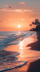 Serene Sunset Over Tranquil Beach with Silhouetted Palm Trees and Gliding Seagull