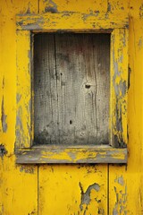 Old wooden window frame with weathered yellow paint. Slightly ajar, revealing outdoor scene. Vertical planks, rough texture, cracks, peeling paint. Low-angle shot emphasizing height.