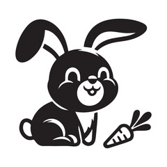 Black color vector silhouette Cute Cartoon Bunny with Carrot Illustration.