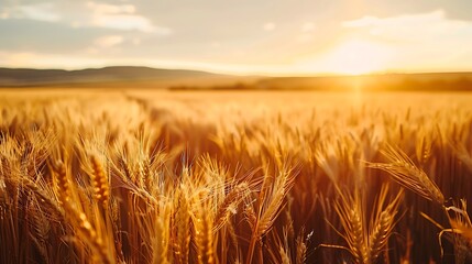 Obraz premium Beautiful view of golden wheat fields with Background of sunset shining through wheat stalks.