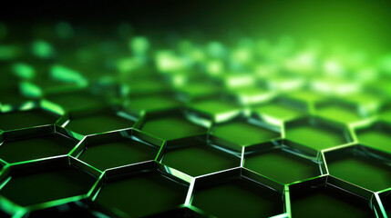 Obraz premium Green hexagon background. Honeycomb pattern made up of hexagonal shapes. Depth and three-dimensionality. Natural structures, tessellation in design, nanotechnology structures. Geometric wallpaper.