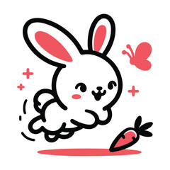 Cute cartoon bunny vector chasing a butterfly with a carrot nearby, a playful animal illustration for kids' design.