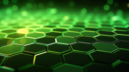 Green hexagon background. Honeycomb pattern made up of hexagonal shapes. Depth and three-dimensionality. Natural structures, tessellation in design, nanotechnology structures. Geometric wallpaper.