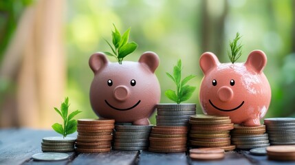 Piggy Banks with Smiling Faces on Stacks of Coins and Growing Plants