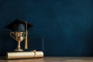 Elegant golden trophy cup with black graduation cap and diploma on wooden table, school achievement concept background with copy space for text