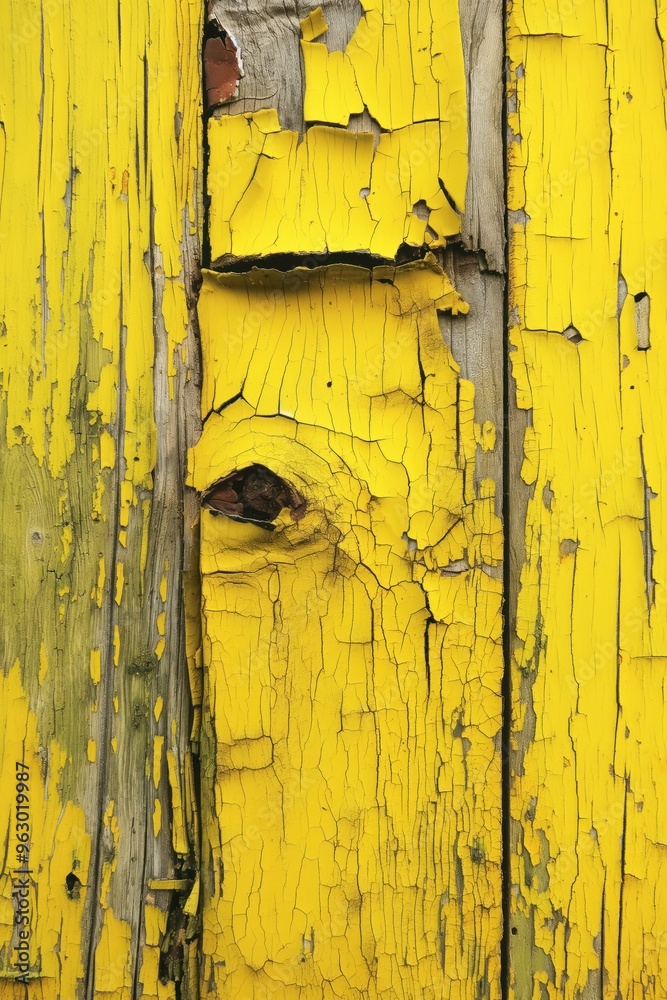Poster weathered wooden surface shows peeling yellow paint and dark shades. old wood texture with faded col