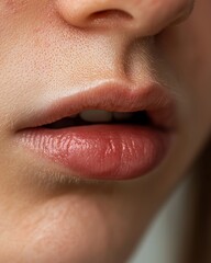 Fototapeta premium A woman's lips are red and she has a small gap between them