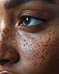 A woman with brown eyes and a lot of freckles on her face