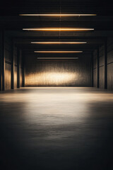 Empty industrial warehouse with concrete walls and overhead lighting. Commercial Real Estate interiors with copyspace.