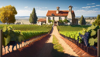 Obraz premium Rural French Vineyard with Farmhouse and Ripe Grapes