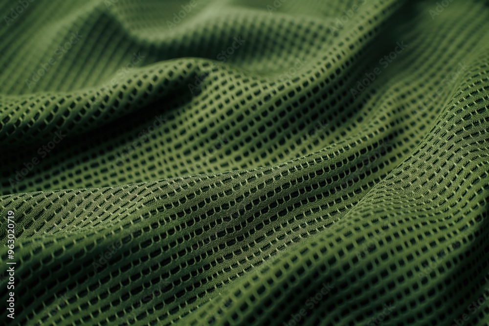 Poster Close-up of textured fabric with grid pattern, green and black. Synthetic material possibly polyester shows wrinkled texture. Small holes create sense of depth. Blurred background highlights intricate