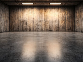 Empty industrial warehouse with concrete walls and overhead lighting. Commercial Real Estate interiors with copyspace.