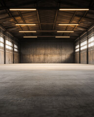 Empty industrial warehouse with concrete walls and overhead lighting. Commercial Real Estate interiors with copyspace.