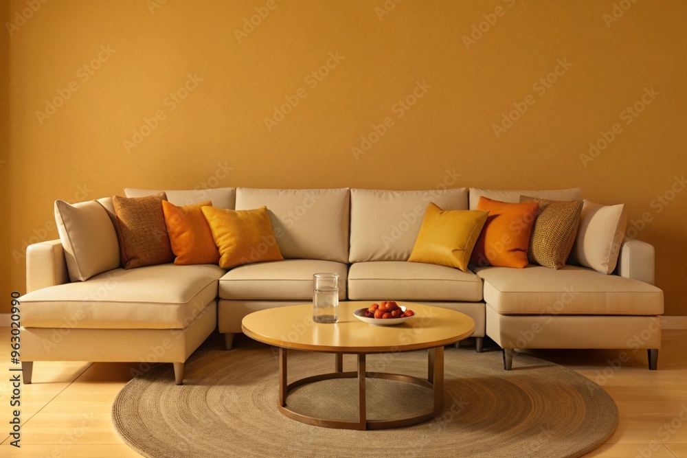 Wall mural beige corner sofa with orange pillows and white round coffee tables. minimalist interior design of m