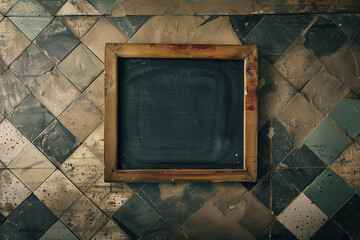 Top view image of empty blackboard sign on textured floor


