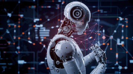 Fototapeta premium Artistic representation of a robot's machine learning algorithms, showing how it processes data to improve performance and decision-making