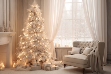 Cozy winter setting with a beautifully decorated Christmas tree and a comfortable armchair