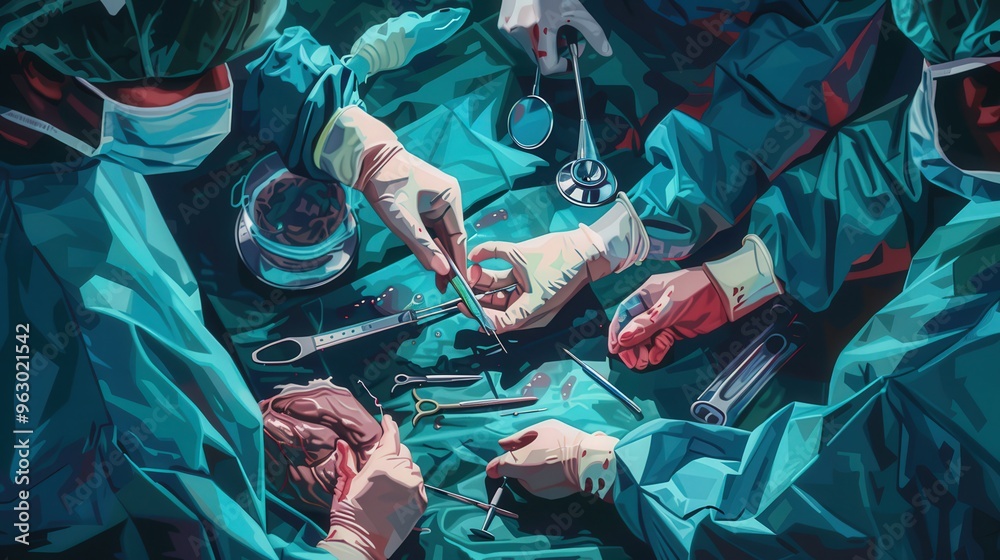 Poster artistic representation of a surgical procedure, illustrating the step-by-step process and tools use