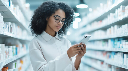 Pharmacy Search: Concentrated Young Woman Looking at Her Phone While Looking for Medication on the Shelves. photo