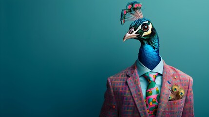Sophisticated Peacock in Vibrant Business Attire Presenting Creative Concept in Corporate Setting