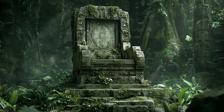 An ancient stone throne overgrown with jungle foliage.