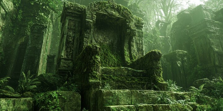 Ancient stone throne overgrown with greenery in a jungle.