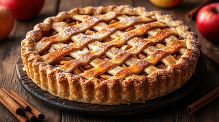 A traditional apple pie fresh from the oven, with a flaky lattice crust dusted with sugar and golden-brown from baking
